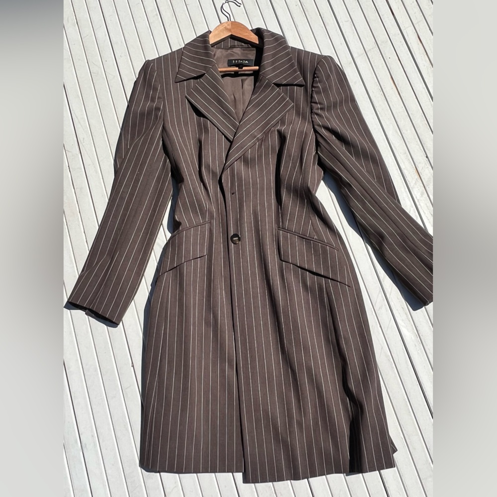 ESCADA long coat blazer size 42 Women’s tailored pinstripe brown jacket
